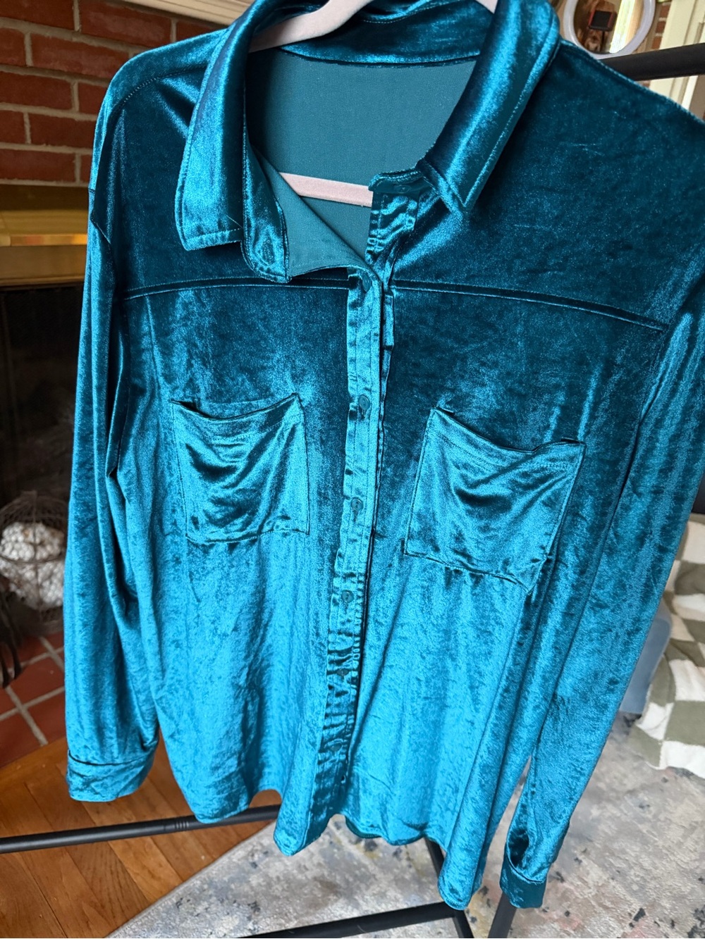 Teal Velvet Button-Down Shirt - Women